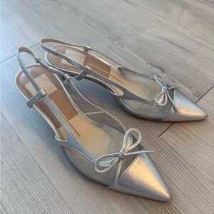 Dolce Vita Kandi Heels - Silver Pointed Slingback Flats with Bow Accent